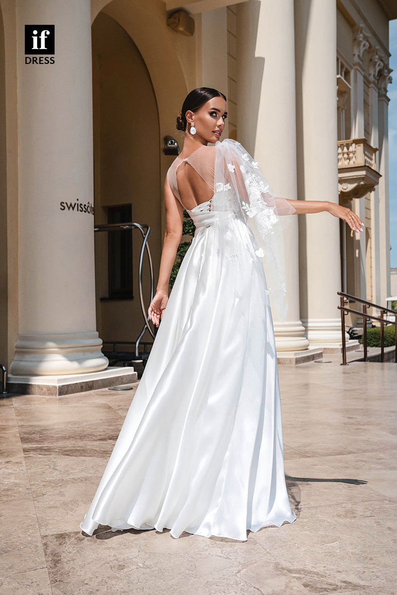 71070 - One Shoulder A-Line Ruched Lacec Appliques Boho Wedding Dress