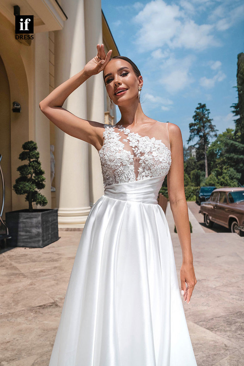 71070 - One Shoulder A-Line Ruched Lacec Appliques Boho Wedding Dress