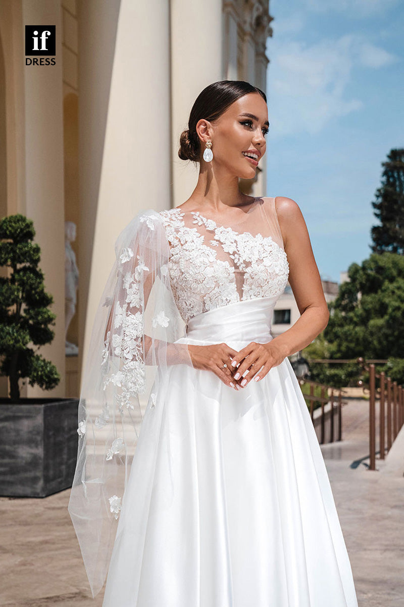71070 - One Shoulder A-Line Ruched Lacec Appliques Boho Wedding Dress