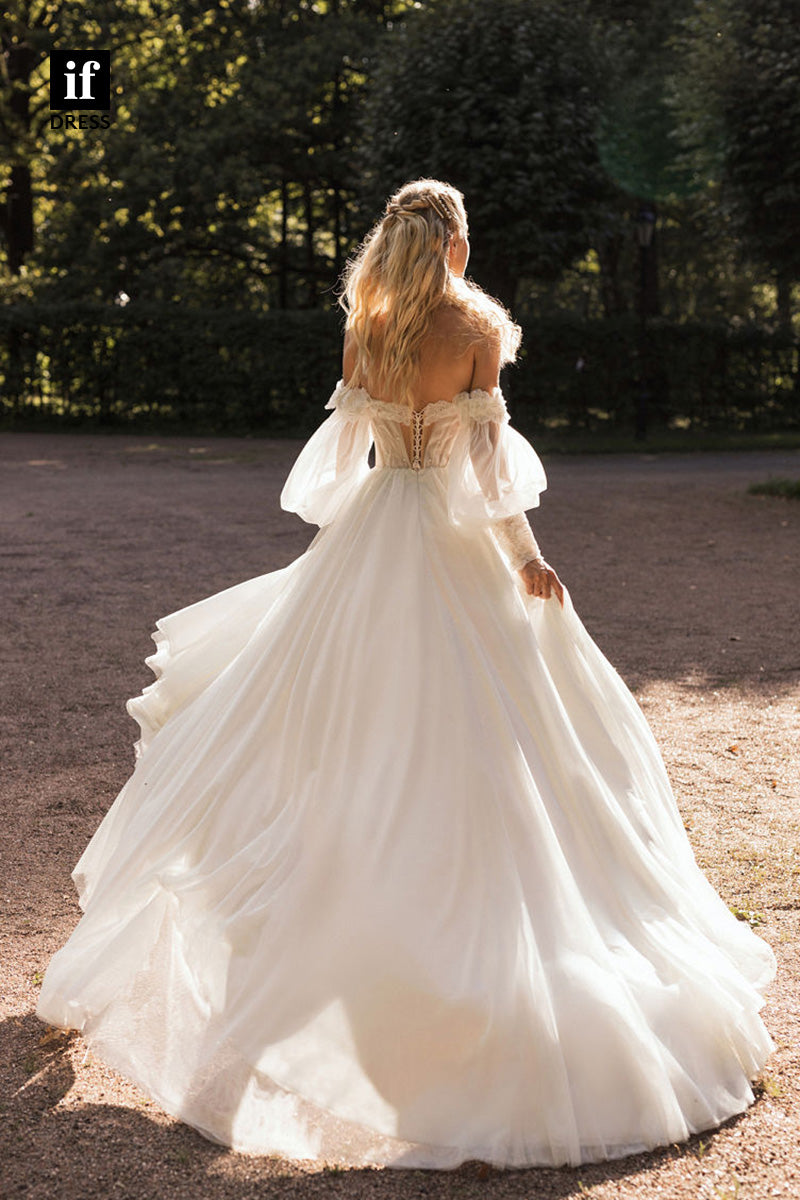 71071 - Off Shoulder A-Line Beads Appliques Illusion Neck Boho Wedding Dress
