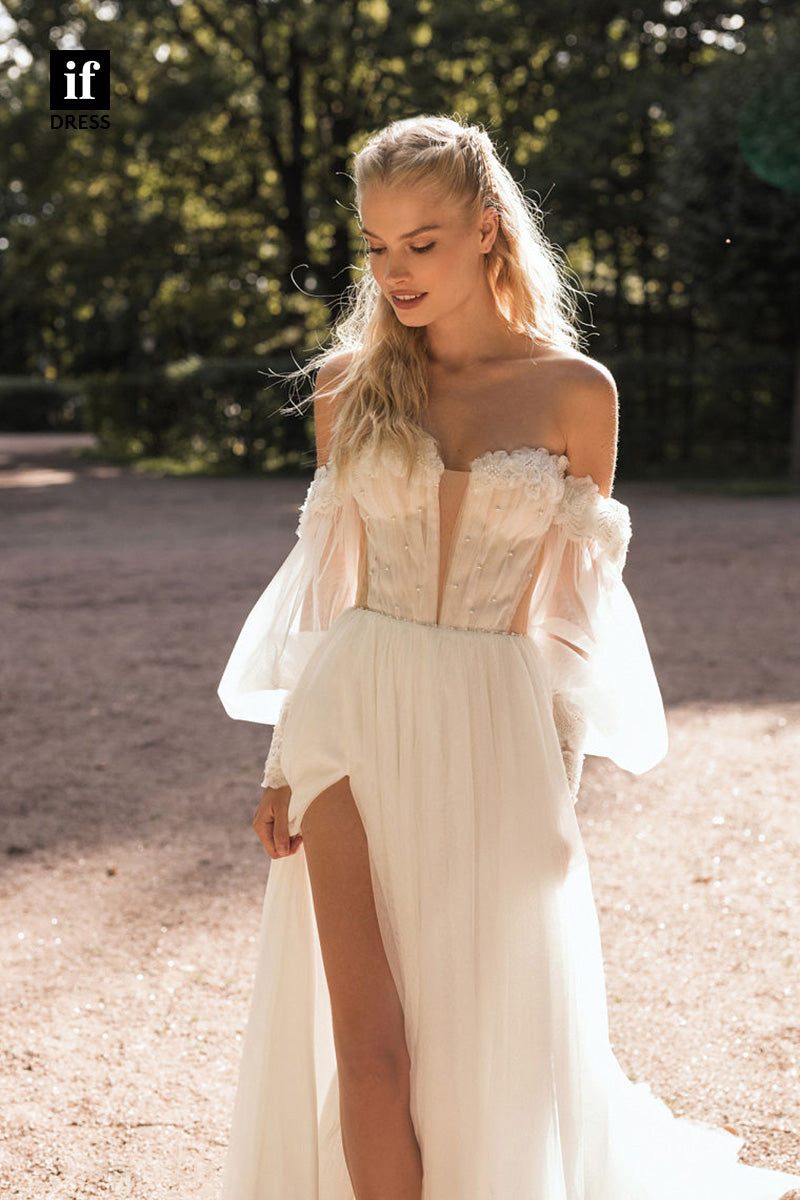71071 - Off Shoulder A-Line Beads Appliques Illusion Neck Boho Wedding Dress