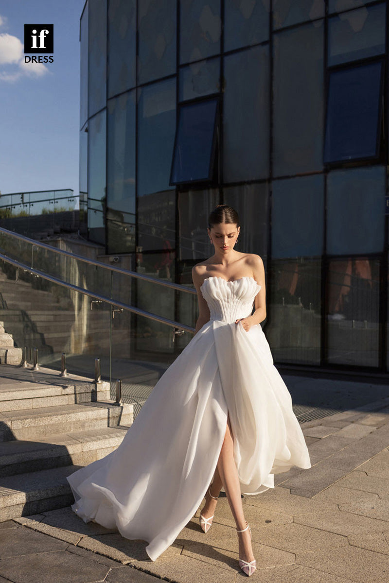 71074 - Off Shoulder A-Line Side Slit Ruched Boho Wedding Dress