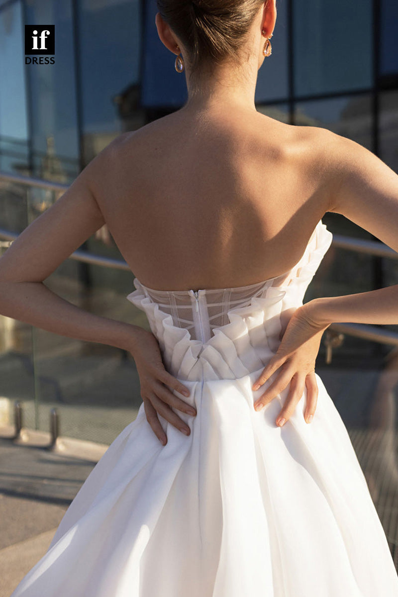 71074 - Off Shoulder A-Line Side Slit Ruched Boho Wedding Dress