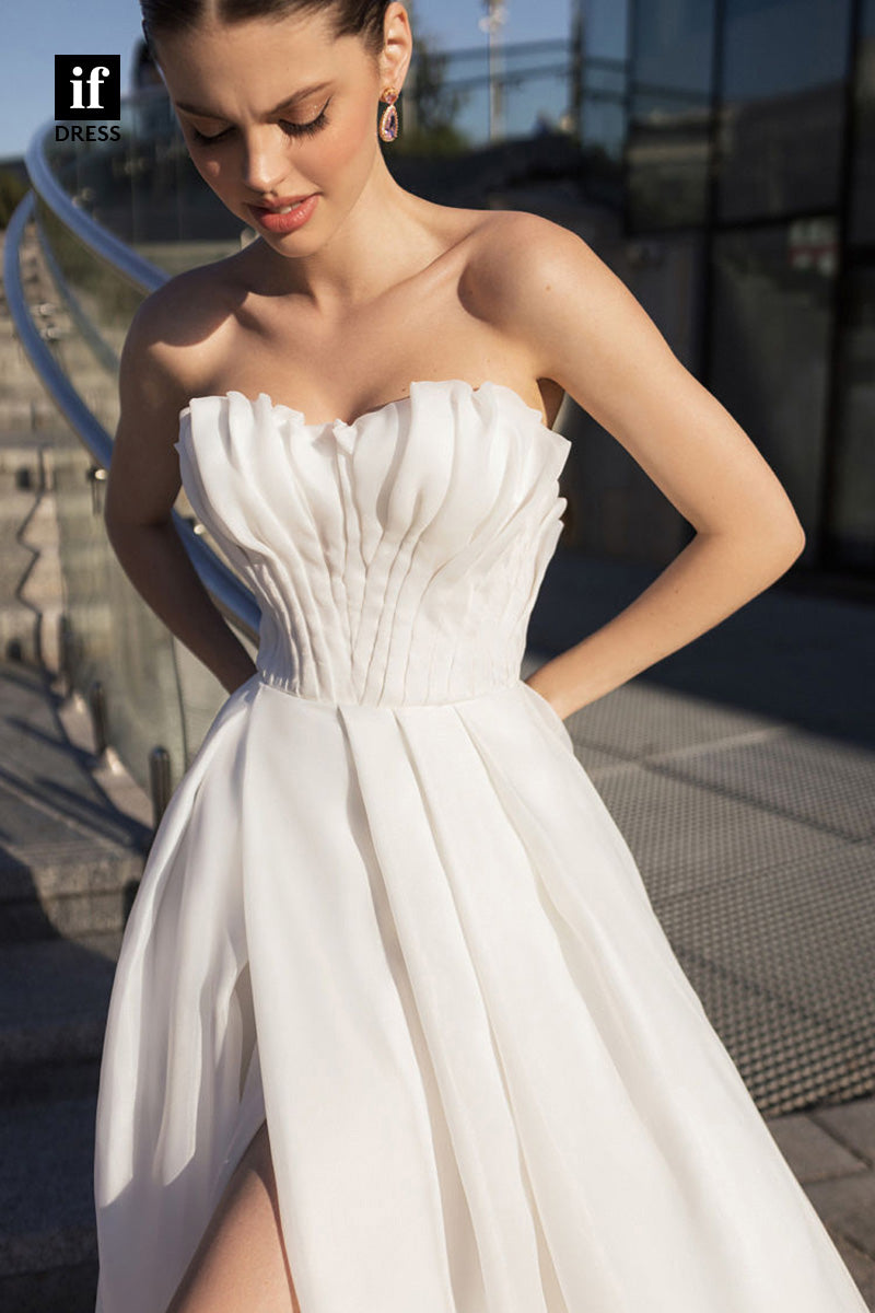 71074 - Off Shoulder A-Line Side Slit Ruched Boho Wedding Dress