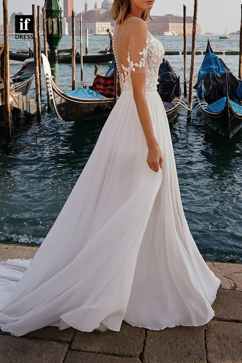 71076 - Unique V-Neck A-Line Lace Appliques Beach Wedding Dress With Slit