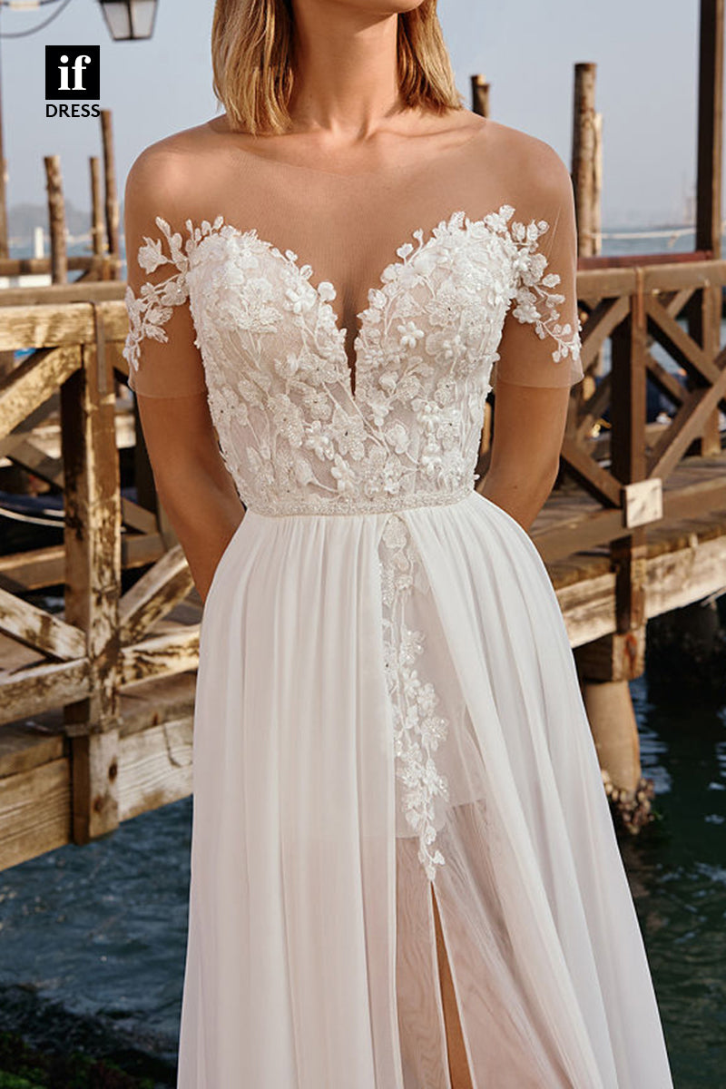 71076 - Unique V-Neck A-Line Lace Appliques Beach Wedding Dress With Slit