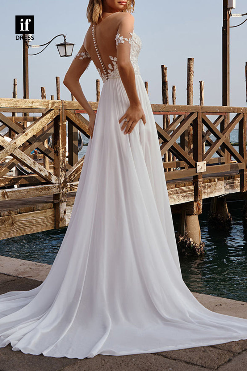 71076 - Unique V-Neck A-Line Lace Appliques Beach Wedding Dress With Slit