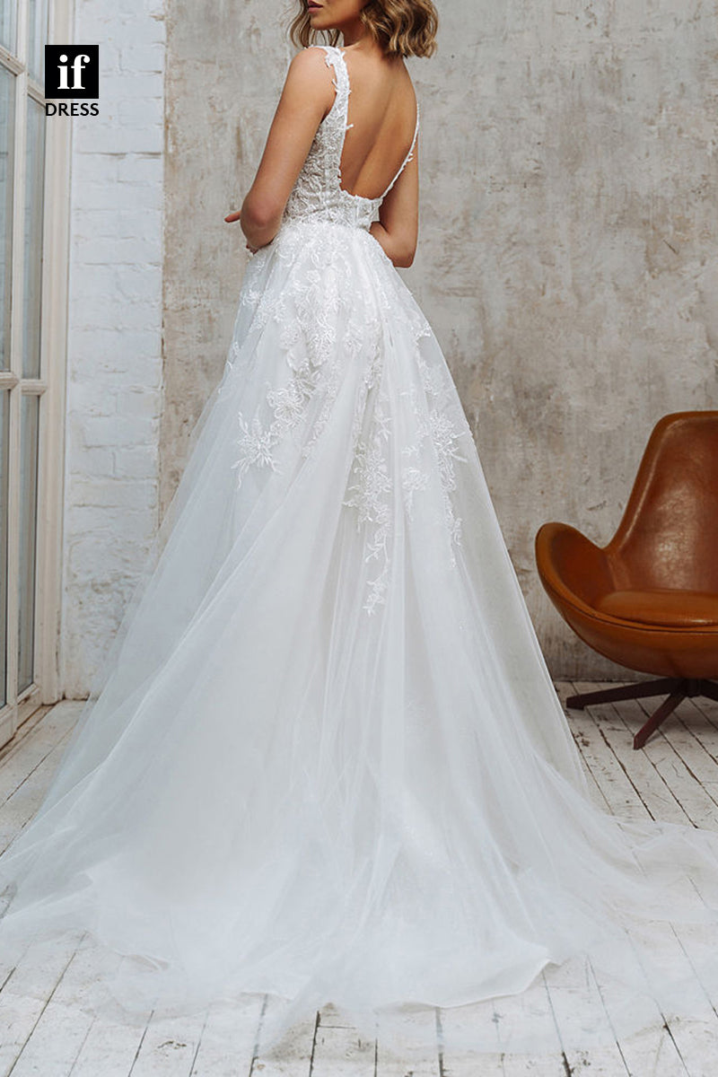 71077 - Straps A-Line Square Lace Appliques Sleeveless Bohemian Wedding Dress