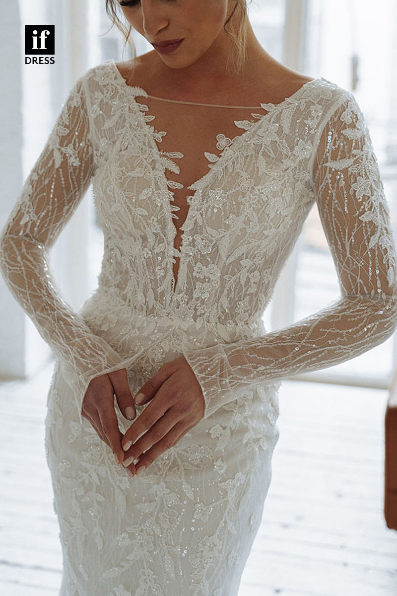 71078 - Plunging V-Neck Long Sleeves Lace Appliques Boho Wedding Dress