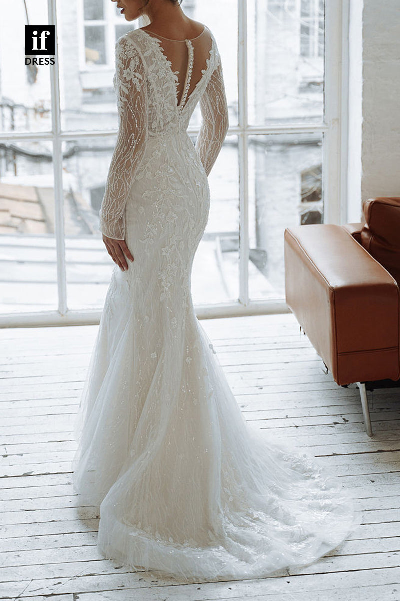 71078 - Plunging V-Neck Long Sleeves Lace Appliques Boho Wedding Dress