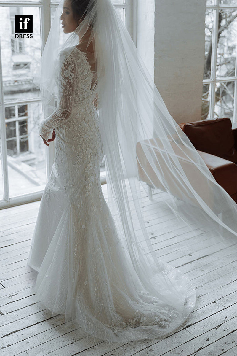 71078 - Plunging V-Neck Long Sleeves Lace Appliques Boho Wedding Dress