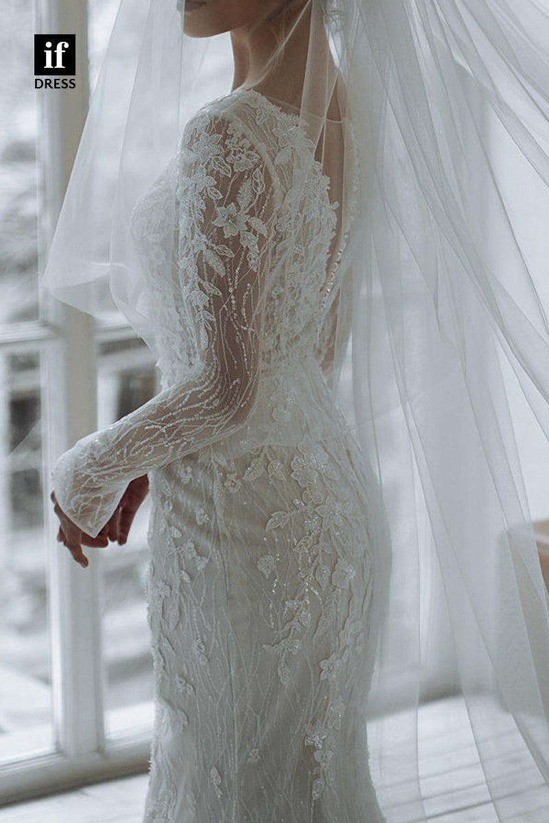 71078 - Plunging V-Neck Long Sleeves Lace Appliques Boho Wedding Dress
