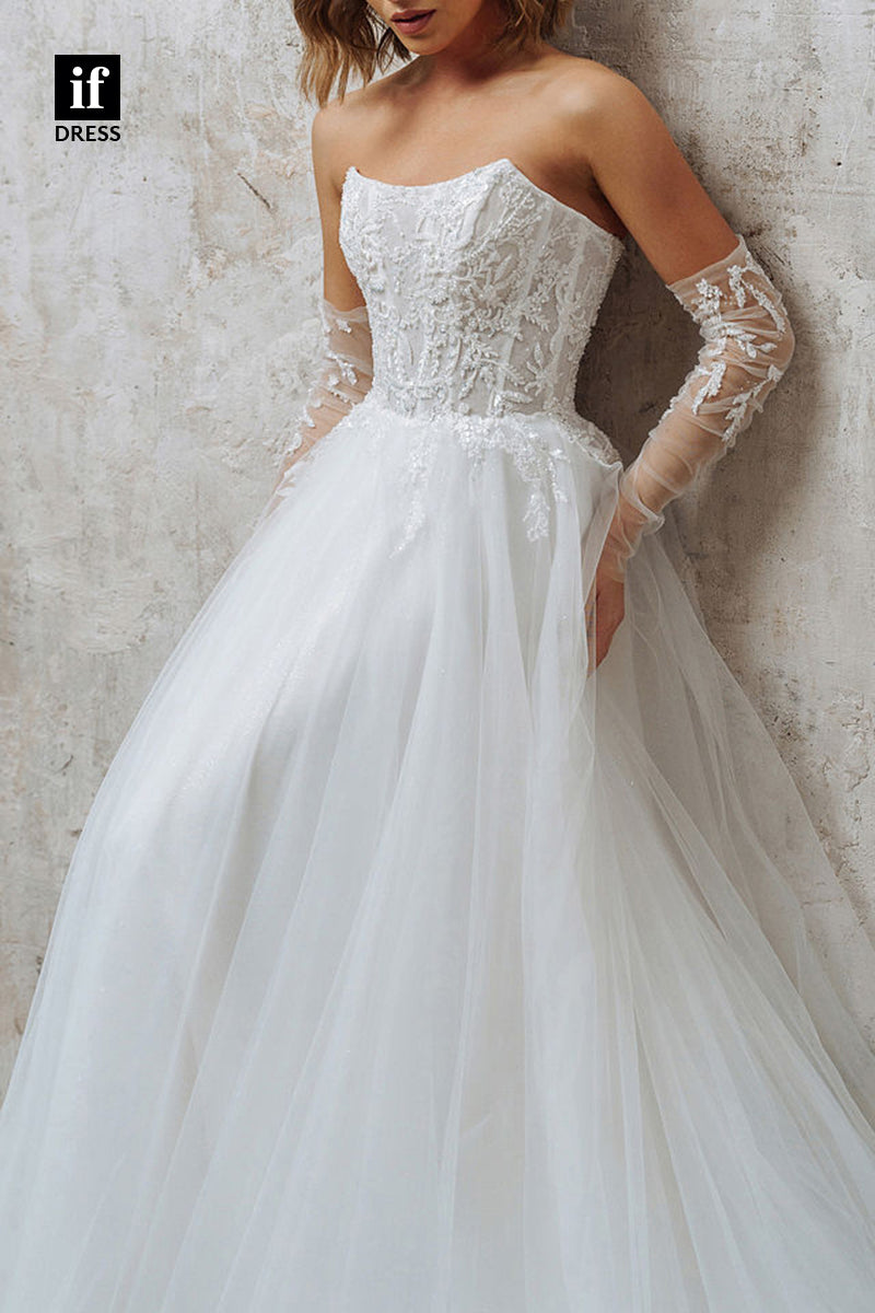 71079 - Strapless Scoop A-Line Appliques Tulle Bohemian Wedding Dress