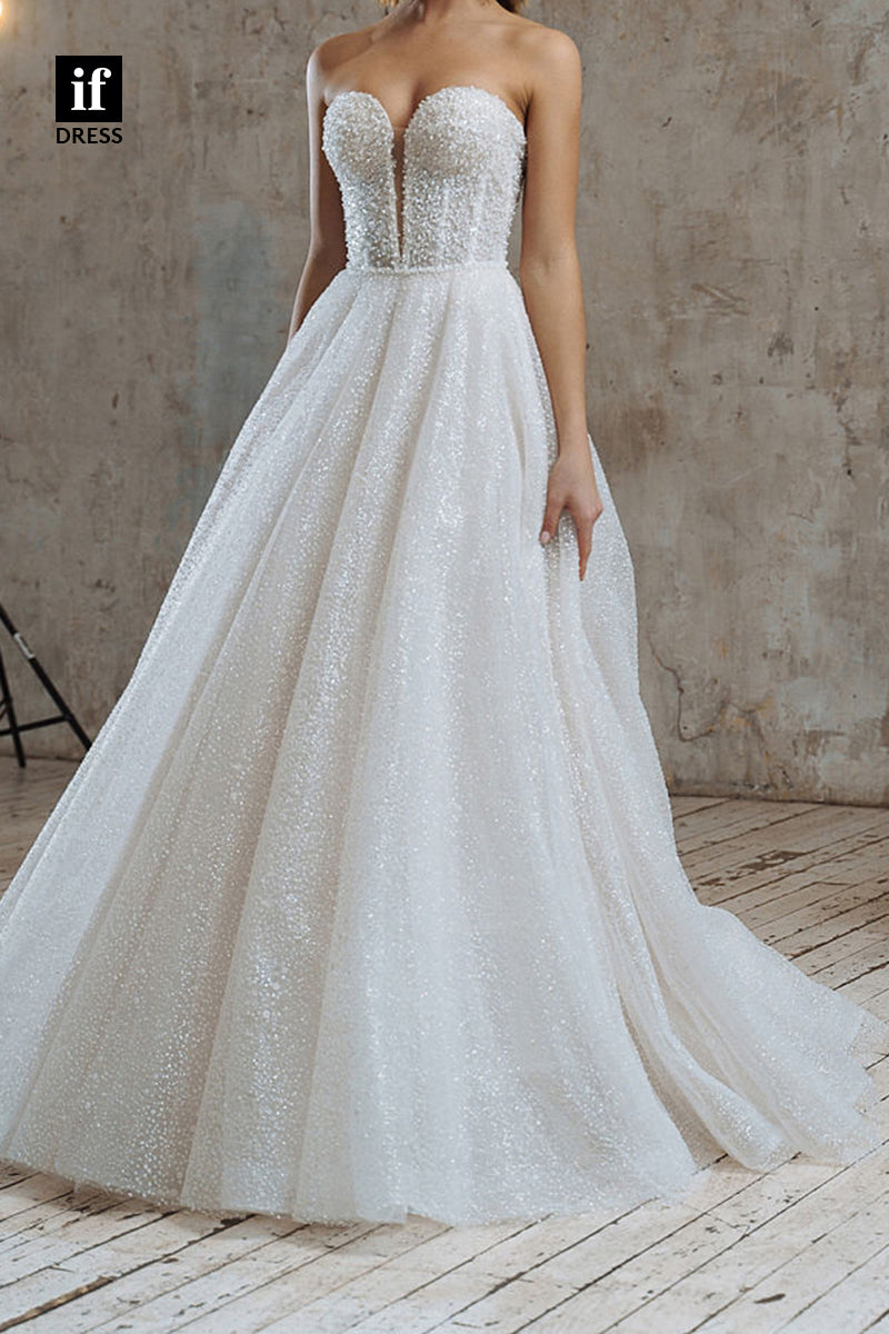 71080 - Classic Off Shoulder V-Neck A-Line Tulle Beach Wedding Dress