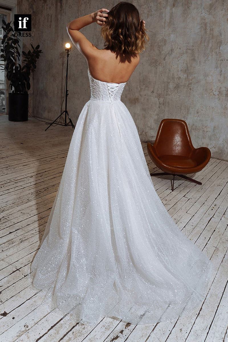 71080 - Classic Off Shoulder V-Neck A-Line Tulle Beach Wedding Dress