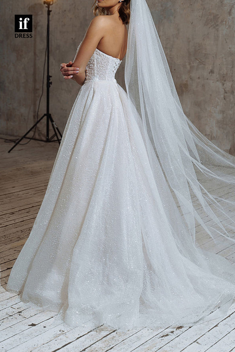 71080 - Classic Off Shoulder V-Neck A-Line Tulle Beach Wedding Dress