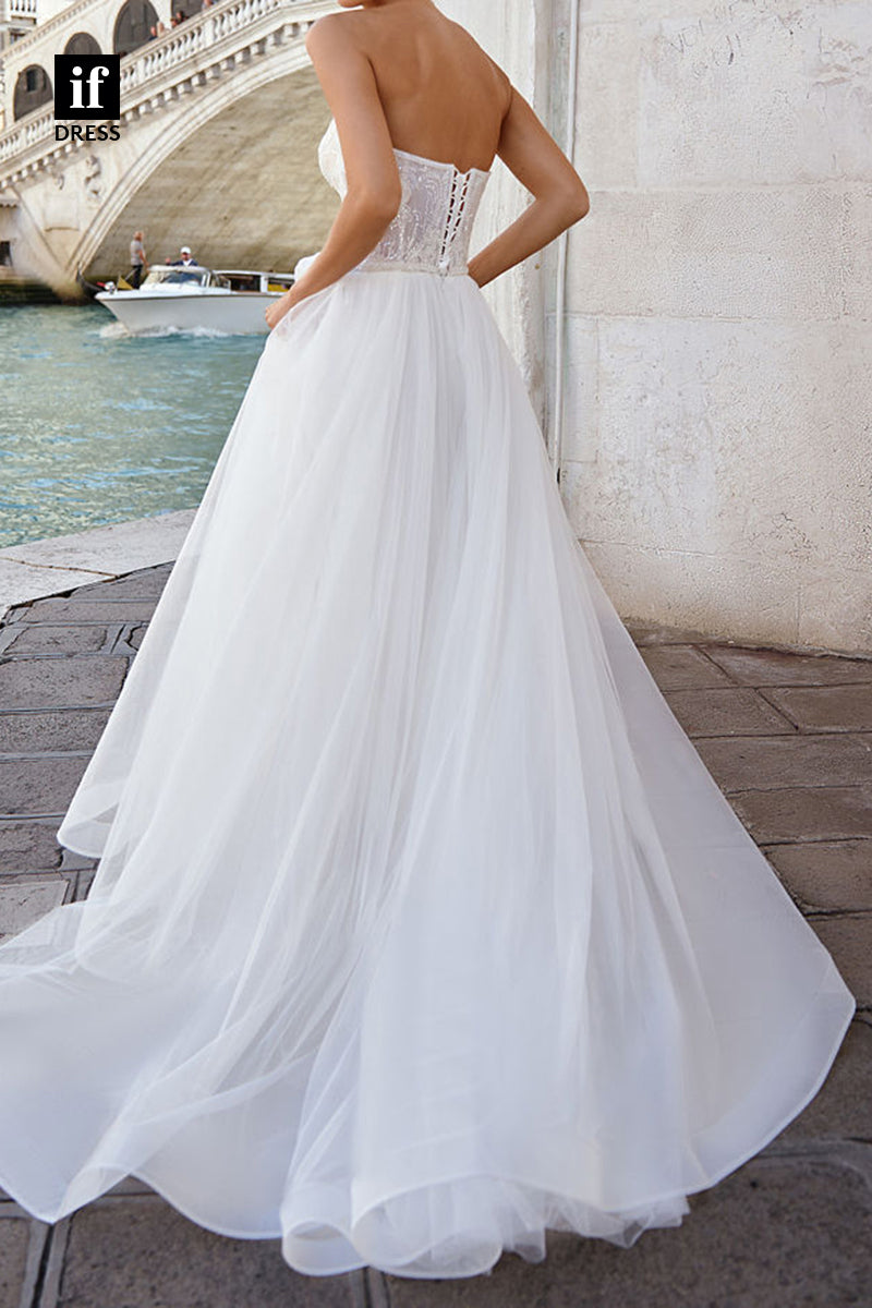 71082 - Classic Strapless A-Line Appliques V-Neck Beach Wedding Dress