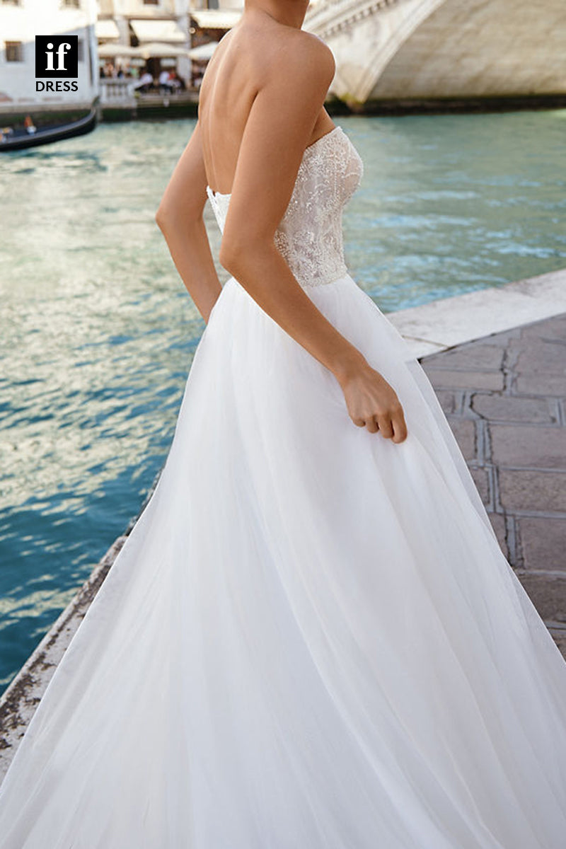 71082 - Classic Strapless A-Line Appliques V-Neck Beach Wedding Dress