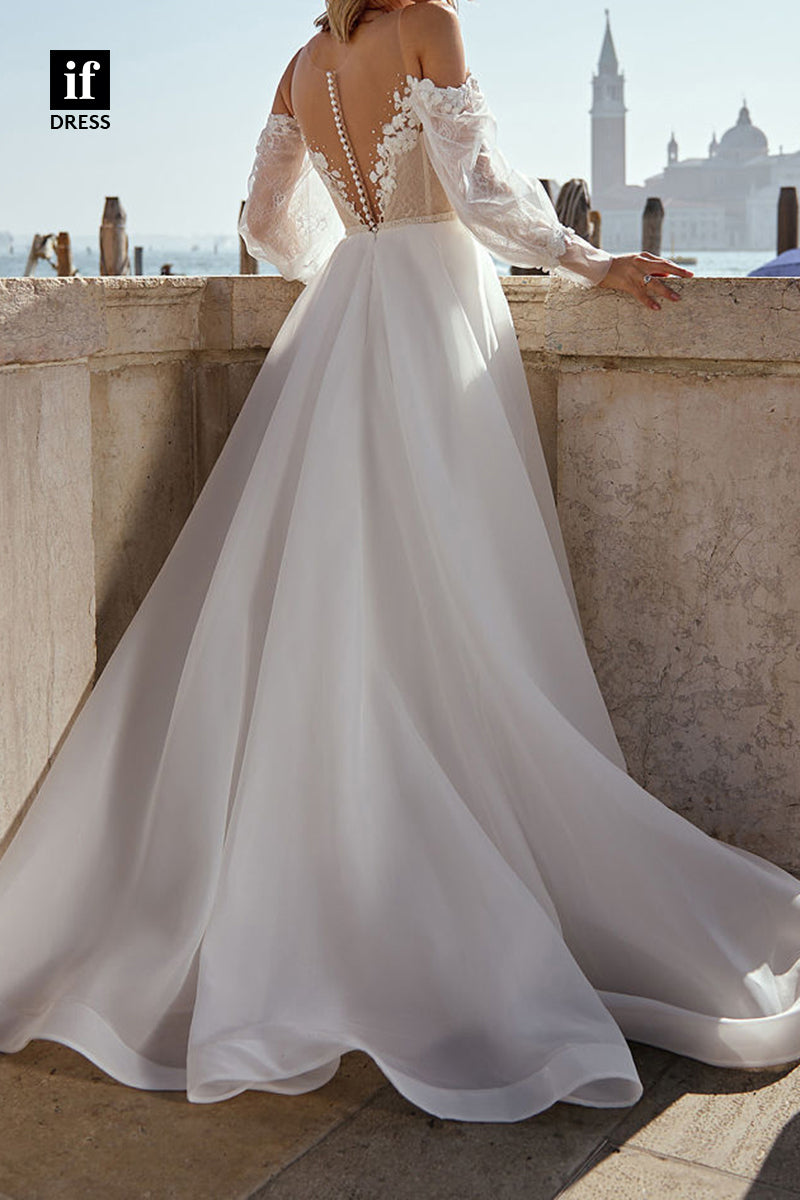 71084 - Wonderful V-Neck Long Sleeves A-Line Beach Wedding Dress