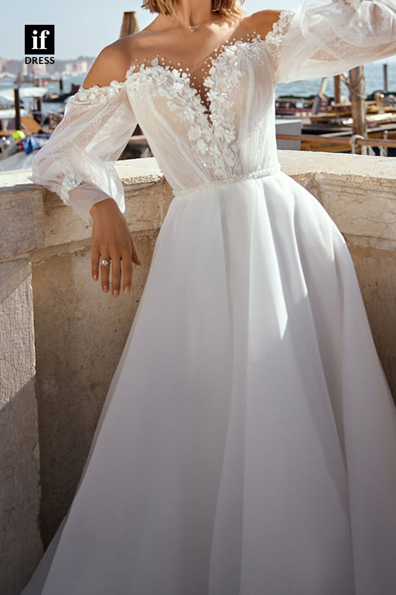 71084 - Wonderful V-Neck Long Sleeves A-Line Beach Wedding Dress