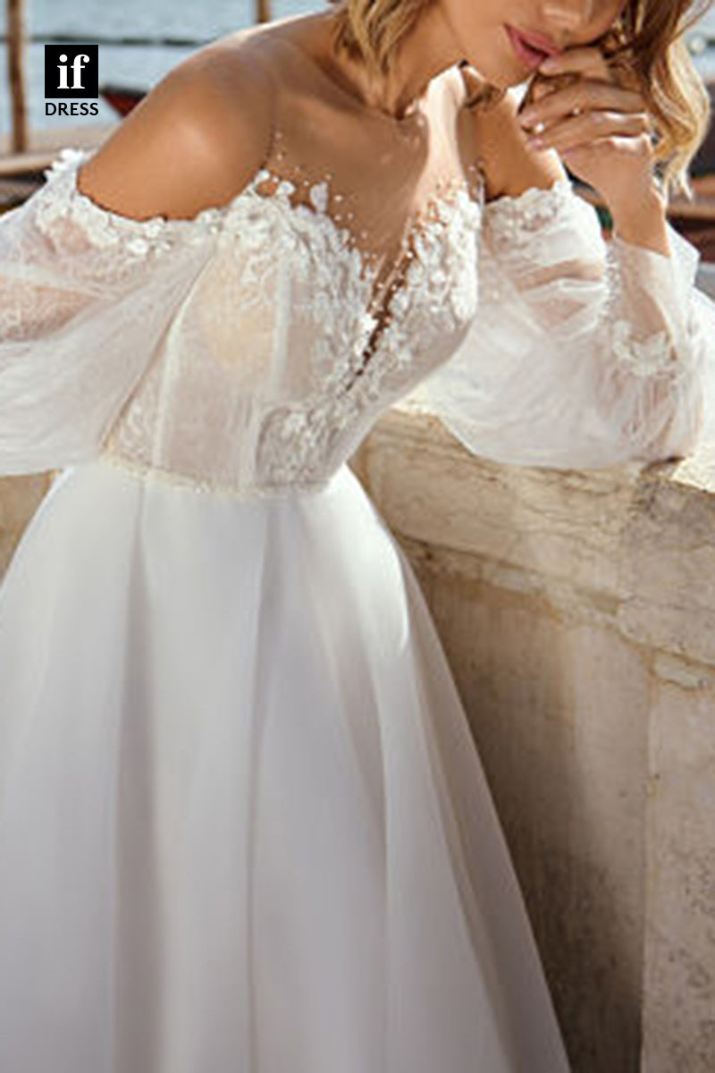 71084 - Wonderful V-Neck Long Sleeves A-Line Beach Wedding Dress
