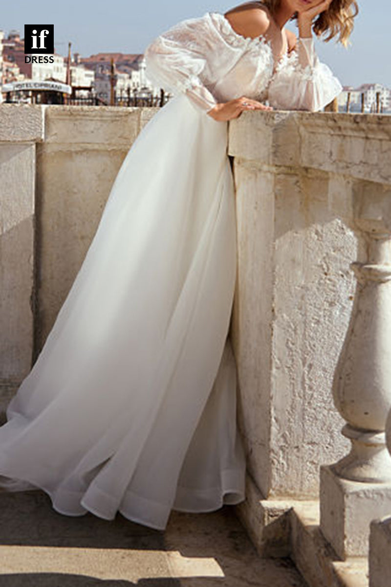 71084 - Wonderful V-Neck Long Sleeves A-Line Beach Wedding Dress
