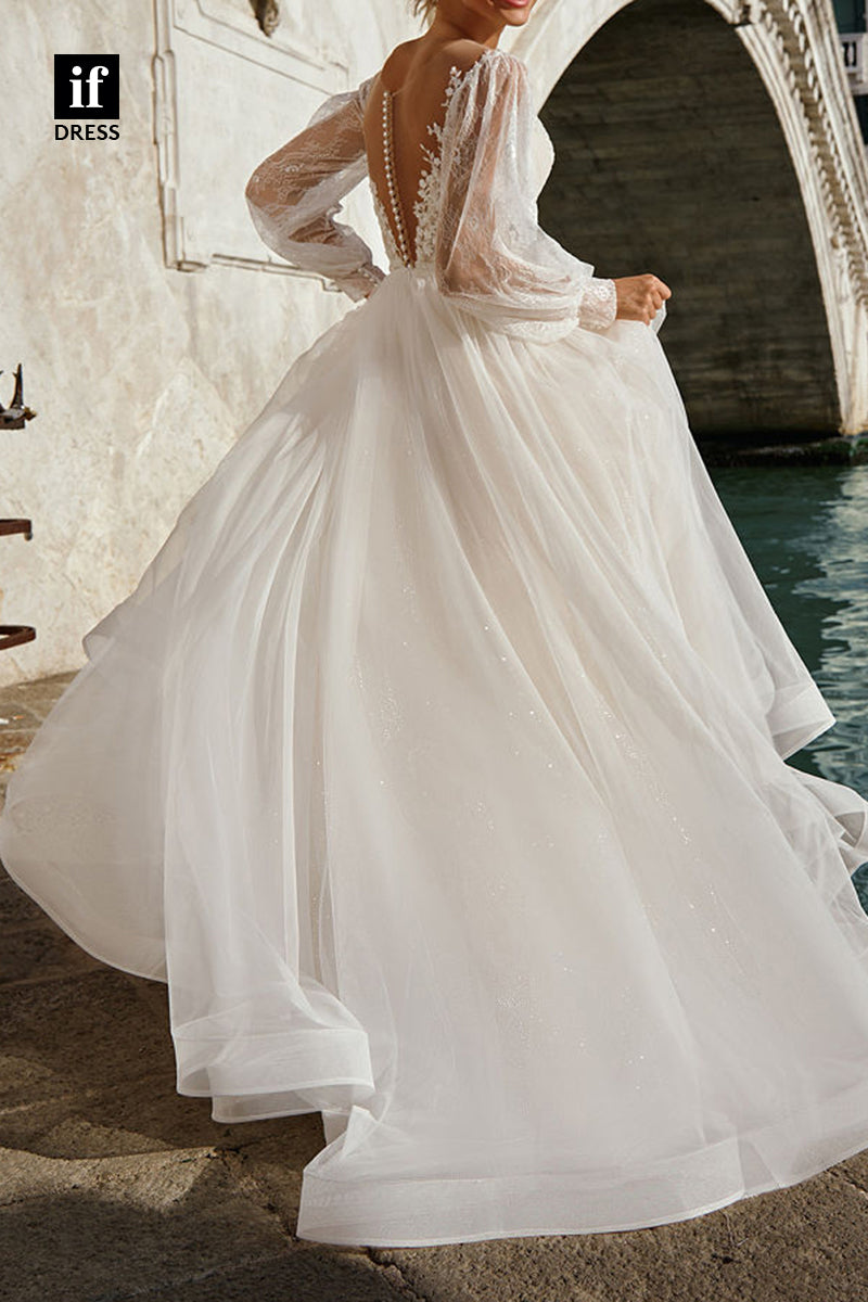 71085 - Stunning Long Sleeves V-Neck Appliques A-Line Beach Wedding Gown