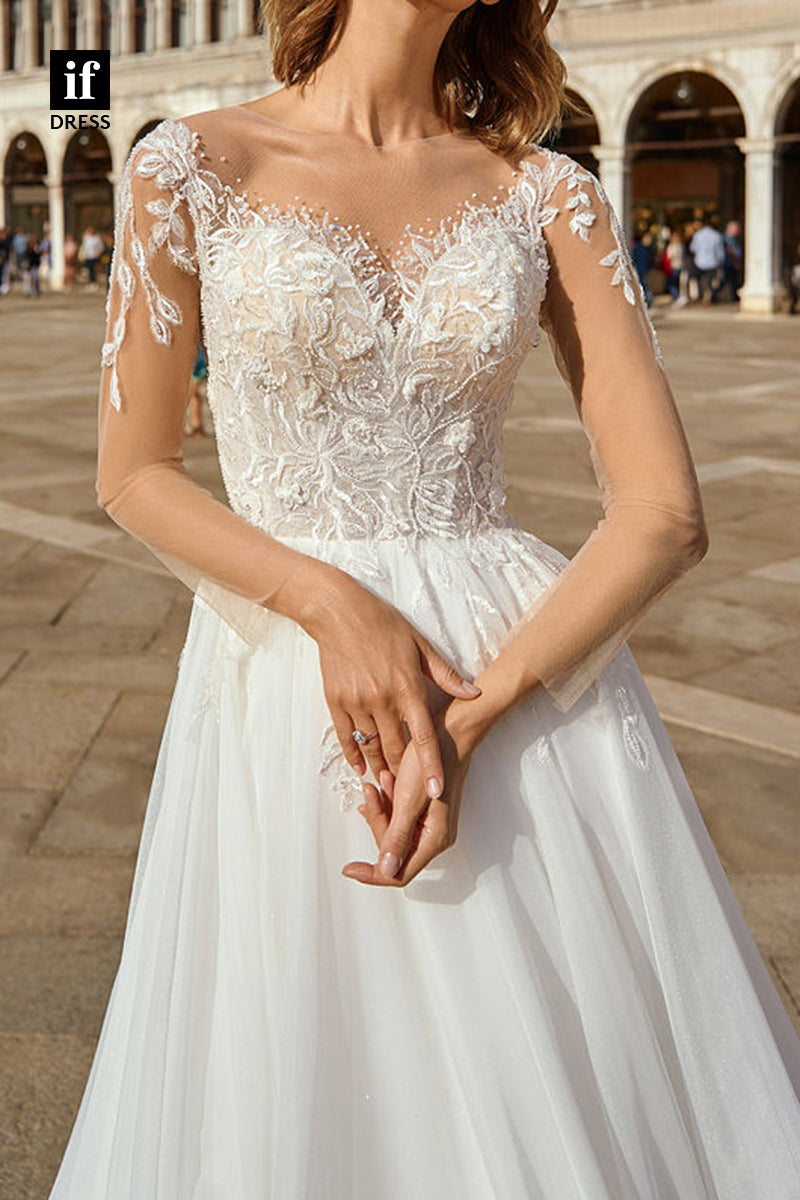 71086 - A-Line Appliques V-Neck Illusion Bohemian Wedding Dress