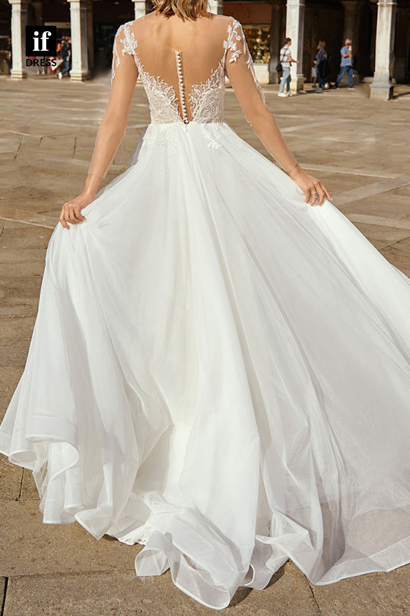 71086 - A-Line Appliques V-Neck Illusion Bohemian Wedding Dress
