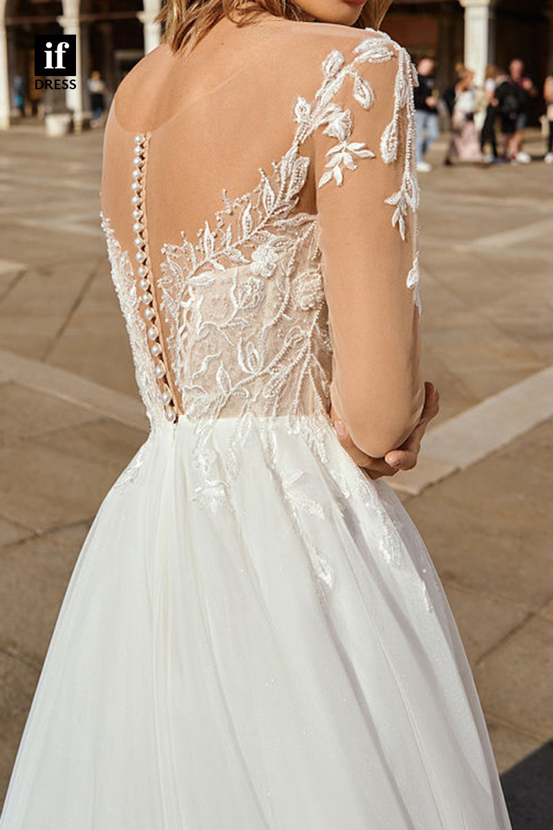 71086 - A-Line Appliques V-Neck Illusion Bohemian Wedding Dress