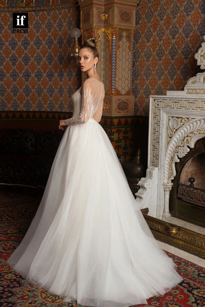 71090 - Chaming Illuaion Neck A-Line Tulle Appliques Beach Wedding Dress