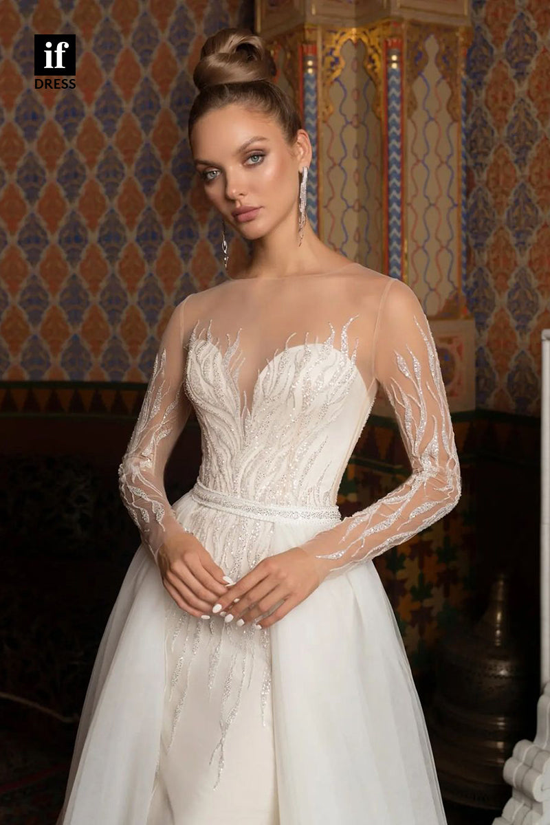 71090 - Chaming Illuaion Neck A-Line Tulle Appliques Beach Wedding Dress