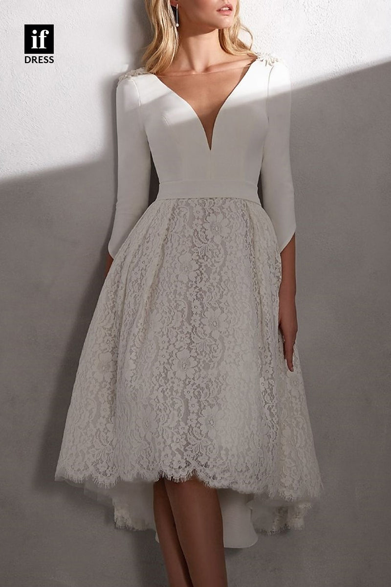 71091 - Simple A-Line V-Neck Long Sleeves Lace Boho Wedding Dress