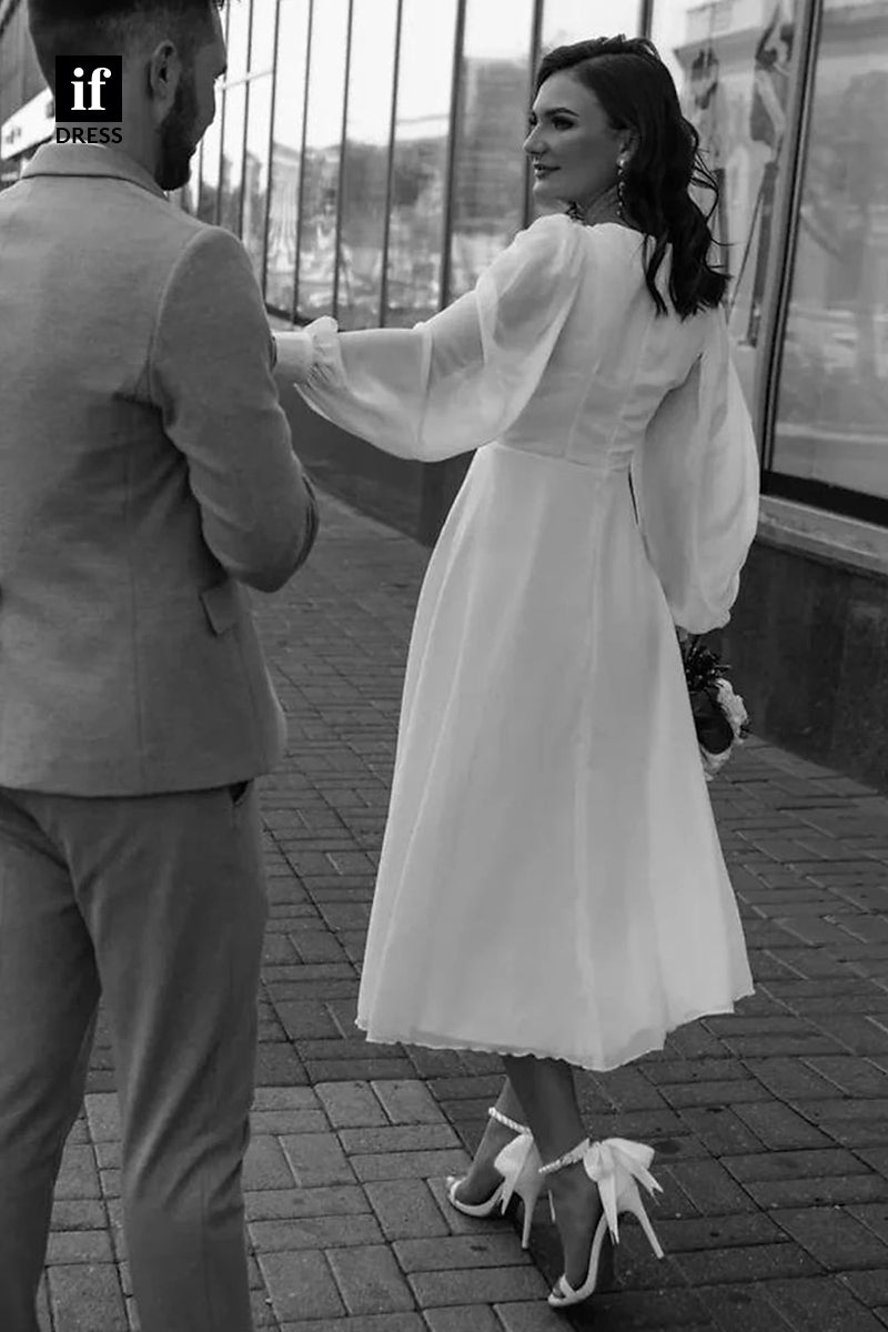 71092 - Classic Long Sleeves V-Neck A-Line Chiffon Beach Wedding Gown