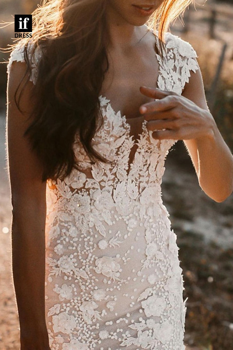 71093 - Exquisite V-Neck Lace Appliques Mermaid Country Bohemian Wedding Dress