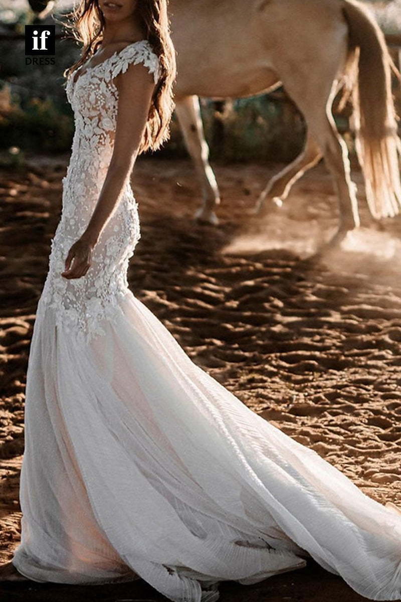 71093 - Exquisite V-Neck Lace Appliques Mermaid Country Bohemian Wedding Dress