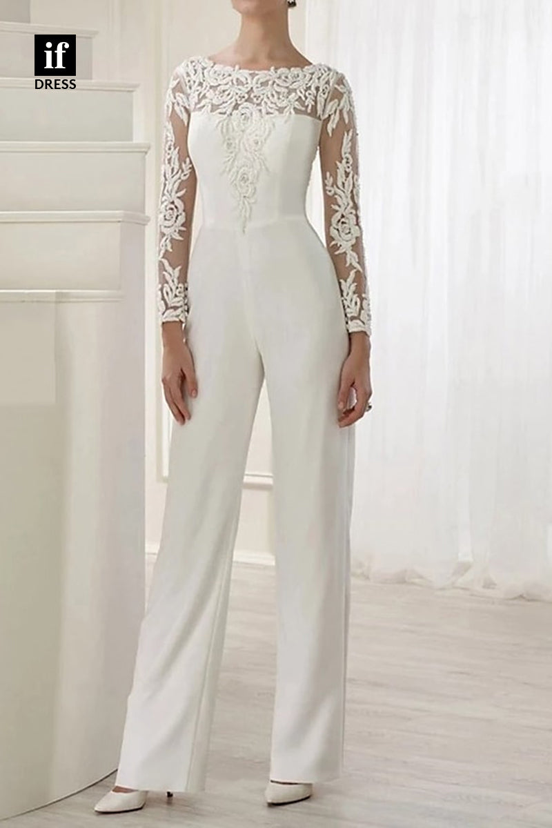 71095 - Jumpsuits/Rompers Long Sleeves Appliques Detachable Sweep Wedding Gown