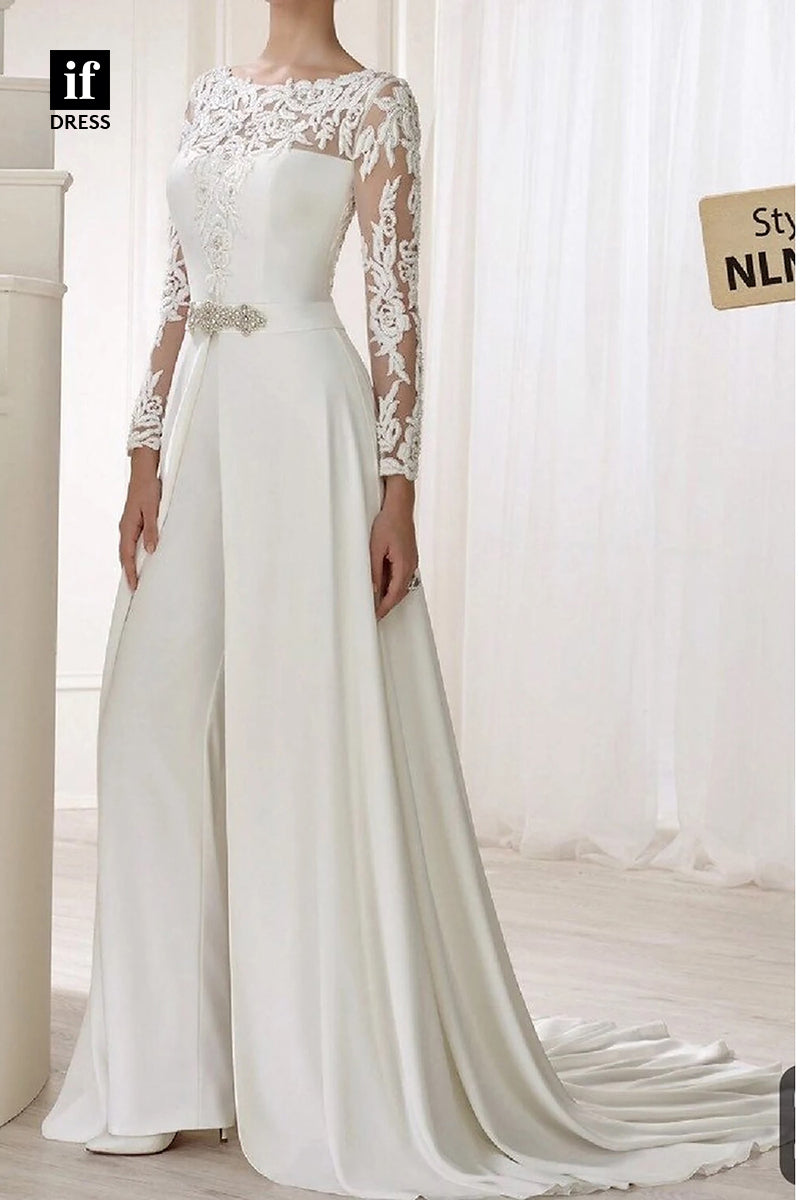 71095 - Jumpsuits/Rompers Long Sleeves Appliques Detachable Sweep Wedding Gown