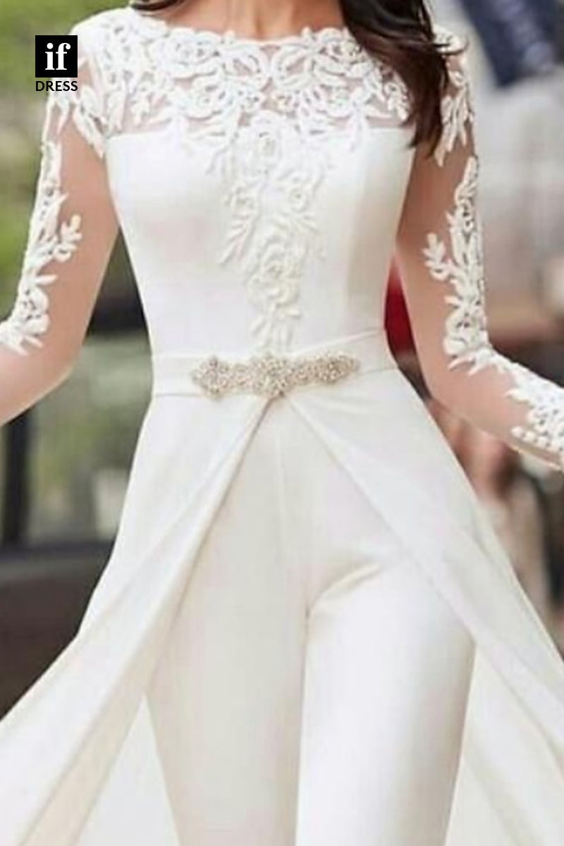 71095 - Jumpsuits/Rompers Long Sleeves Appliques Detachable Sweep Wedding Gown
