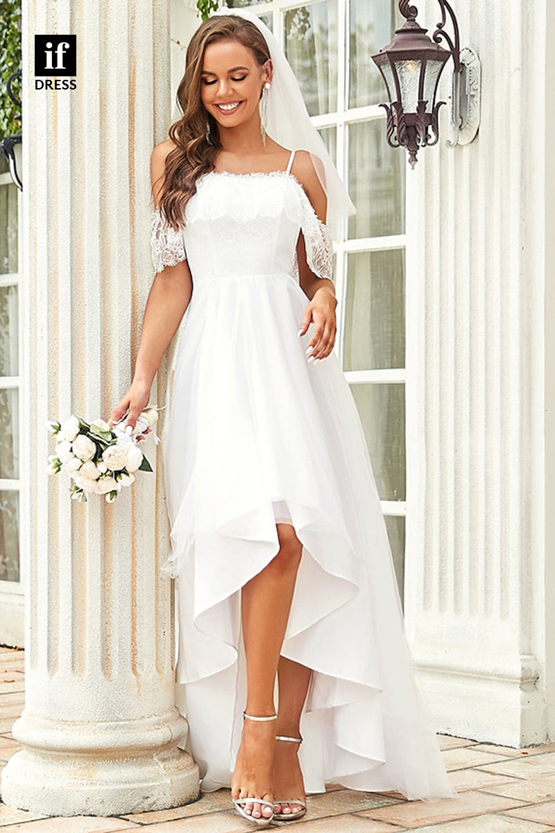 71096 - Timeless Spaghetti Straps Cap Sleeves Ruched Beach Wedding Gown