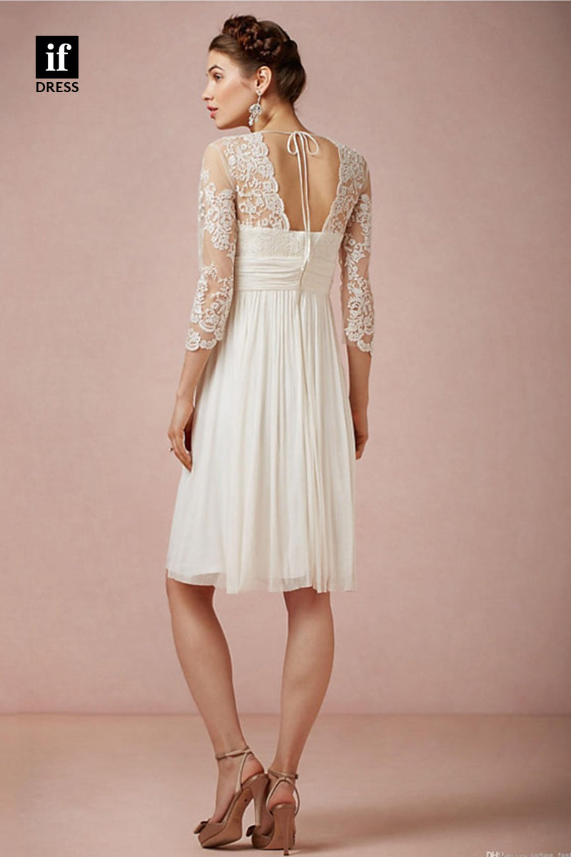 71097 - Simple V-Neck Long Sleeves Ruched Knee Length Beach Wedding Dress