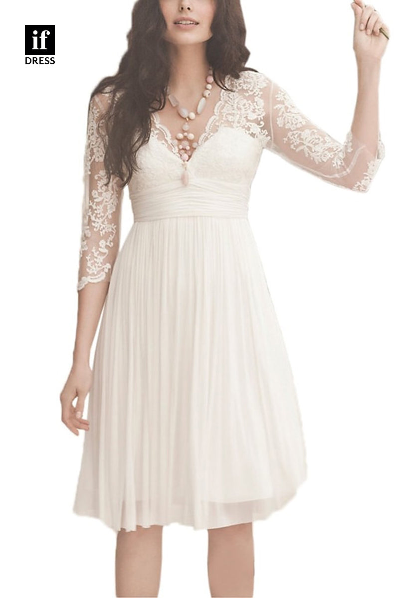 71097 - Simple V-Neck Long Sleeves Ruched Knee Length Beach Wedding Dress