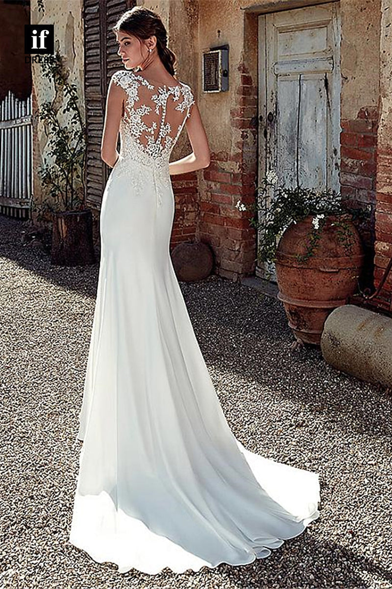 71098 - Timeless Lace Appliques V-Neck Sleevesless Mermaid Bohemian Wedding Dress