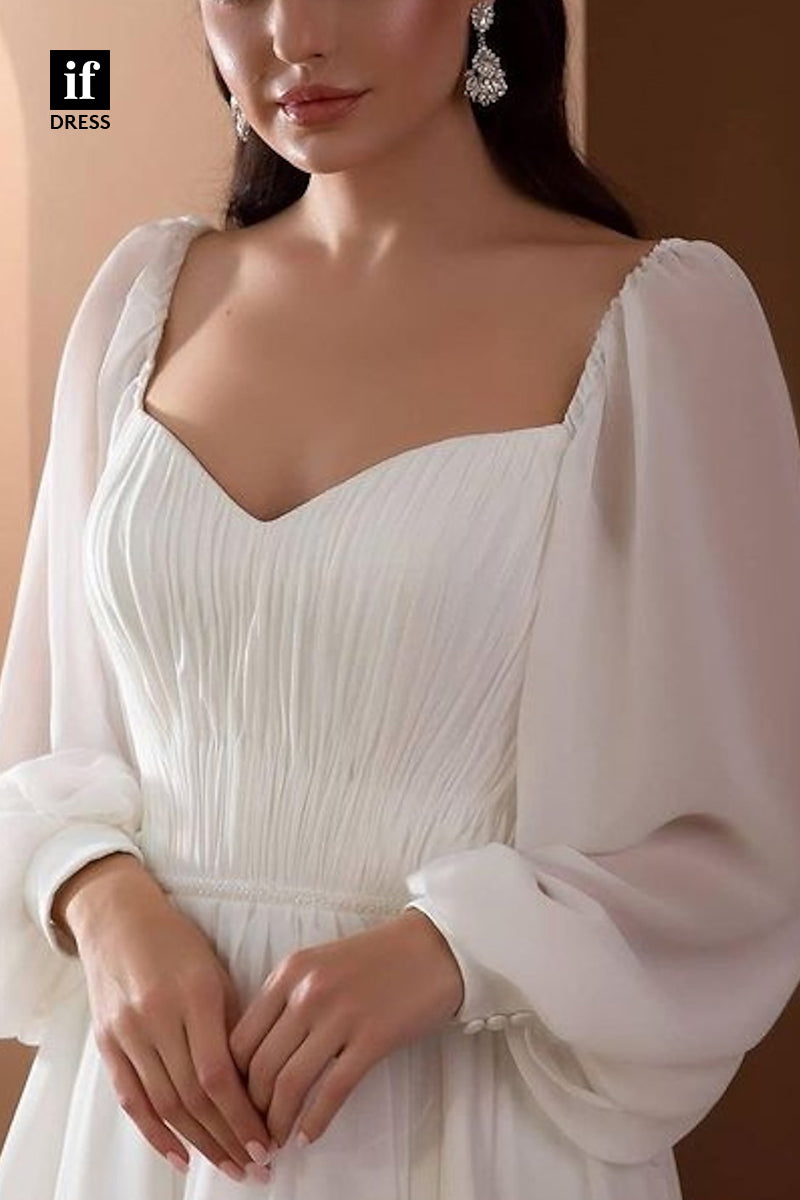 71102 - Elegant A-Line Long Sleeves Ruched Bohemain Wedding Gown with Train