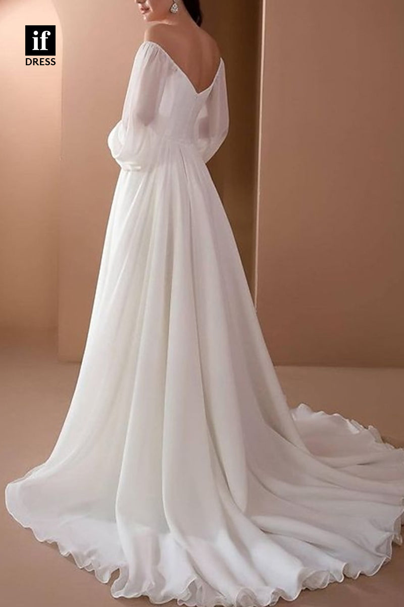 71102 - Elegant A-Line Long Sleeves Ruched Bohemain Wedding Gown with Train