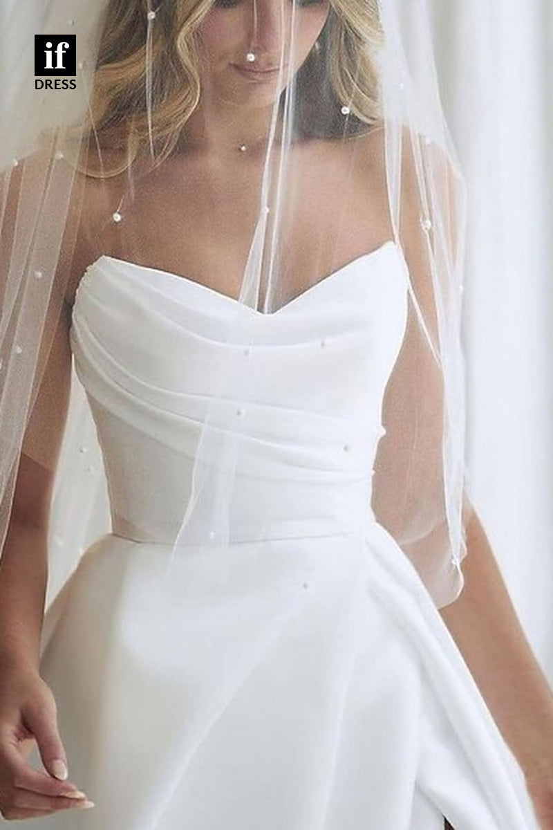 71103 - Classic Strapless A-Line Pleats Side Slit Satin Beach Wedding Dress with Train