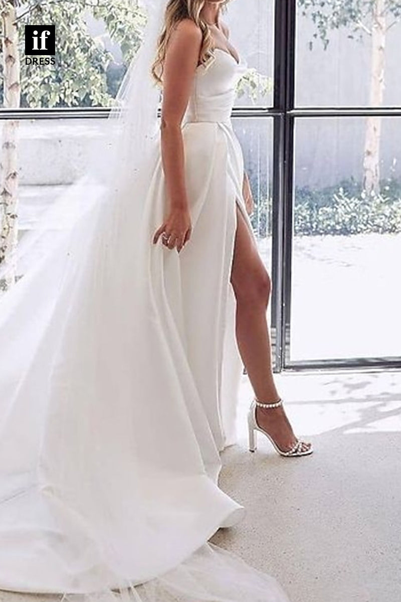 71103 - Classic Strapless A-Line Pleats Side Slit Satin Beach Wedding Dress with Train