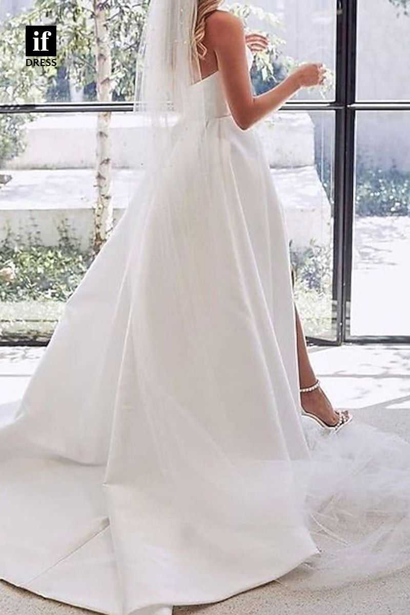 71103 - Classic Strapless A-Line Pleats Side Slit Satin Beach Wedding Dress with Train