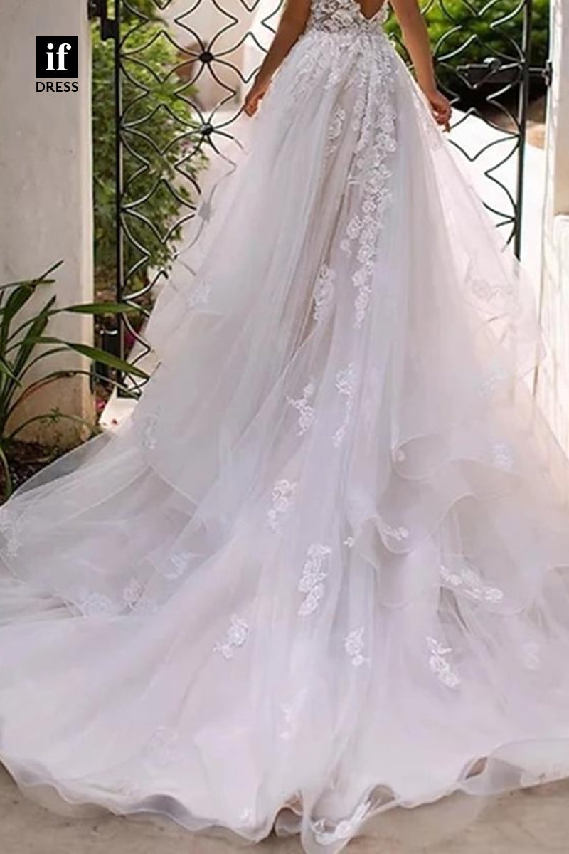 71105 - Glamorous Straps V-Neck Lace Appliques Bohemain Wedding Dress with Train