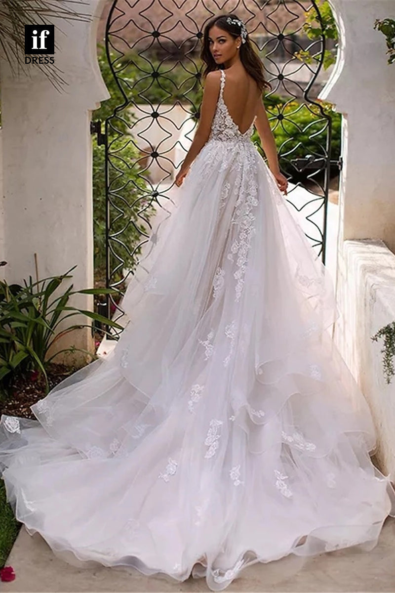 71105 - Glamorous Straps V-Neck Lace Appliques Bohemain Wedding Dress with Train